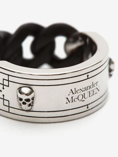 Shop Alexander Mcqueen Identity Chain Ring In Shiny Silver + Matte Black
