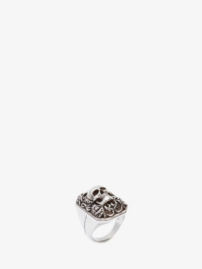 Shop Alexander Mcqueen Engraved Skull Ring In Silver