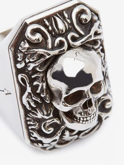 Shop Alexander Mcqueen Engraved Skull Ring In Silver