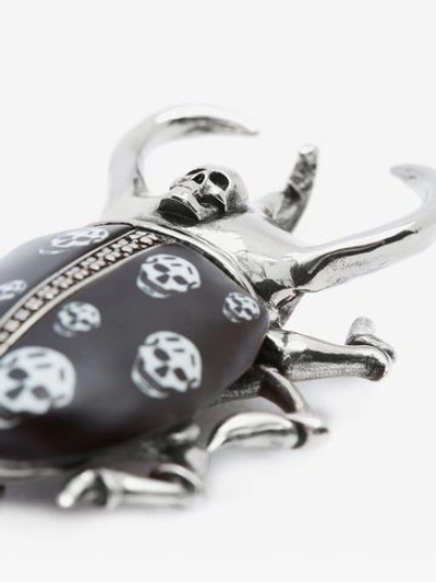 Shop Alexander Mcqueen Beetle Skull Brooch In Shiny Silver + Matte Black