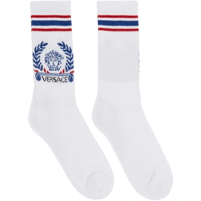 Shop Versace White & Blue Medusa Laurel Socks In White/blue