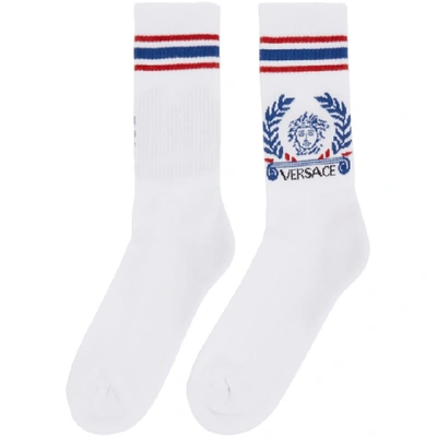 Shop Versace White & Blue Medusa Laurel Socks In White/blue