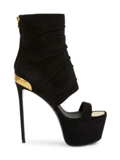 Shop Balmain Patty Monogram Suede Platform Booties In Noir