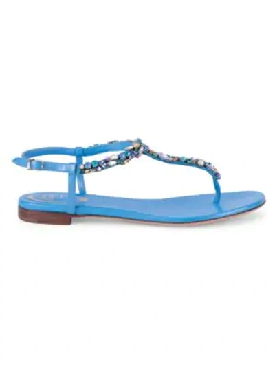 Shop René Caovilla Diana Crystal-embellished Satin & Leather T-strap Sandals In Blue