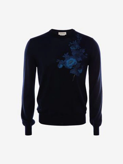 Shop Alexander Mcqueen Japanese Camellia Crew-neck Sweater In Navy/blue