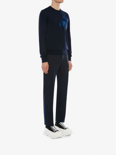 Shop Alexander Mcqueen Japanese Camellia Crew-neck Sweater In Navy/blue