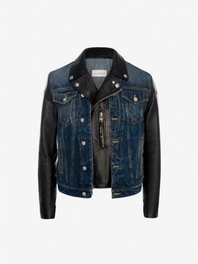 Shop Alexander Mcqueen Hybrid Denim Biker Jacket In Black/indigo