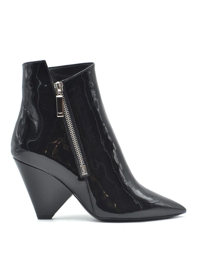Shop Saint Laurent Geometric Heel Patent Leather Bootie In Black