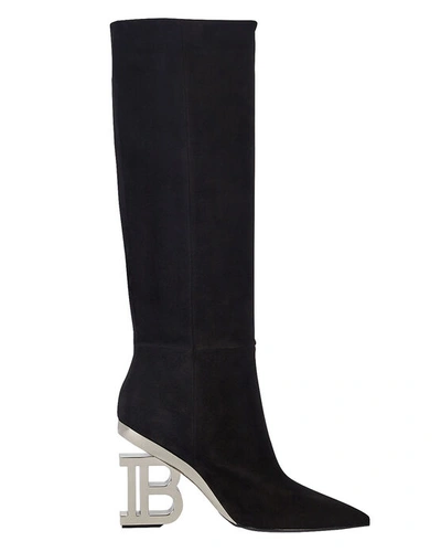 Shop Balmain Nelly Logo Heel Suede Boots In Black