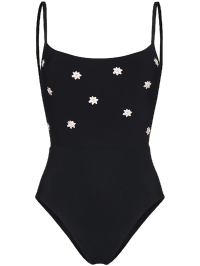 Shop Anemone Narcissus Floral Embroidered Swimsuit In Black