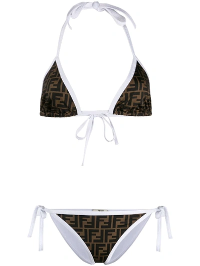 Shop Fendi Monogram Print Triangle Bikini In F188p White + Tobacco