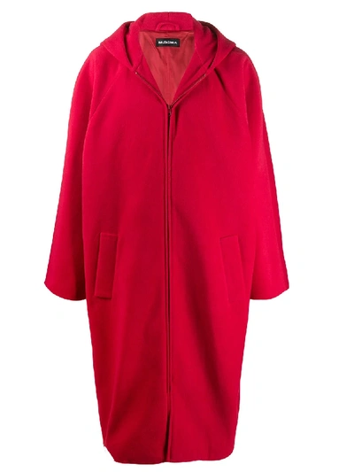 Shop Balenciaga Hooded Zip-up Coat In Red