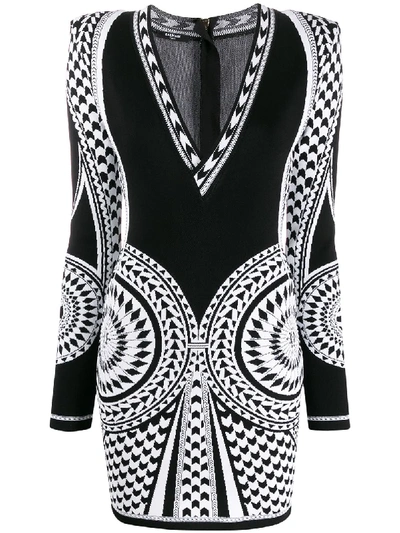 Shop Balmain Knitted Geometric Pattern Dress In Black