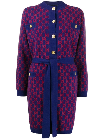 Shop Gucci Gg Print Belted Cardigan In Blue