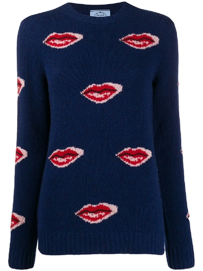 Shop Prada Red Lip Intarsia Jumper In 蓝色