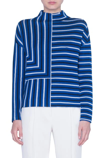 Shop Akris Punto Square Stripe Jacquard Merino Wool Sweater In Lake/ Desert/ Black