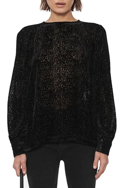 Shop Anine Bing Debbie Animal Print Burnout Velvet Long Sleeve Silk Blend Blouse In Black