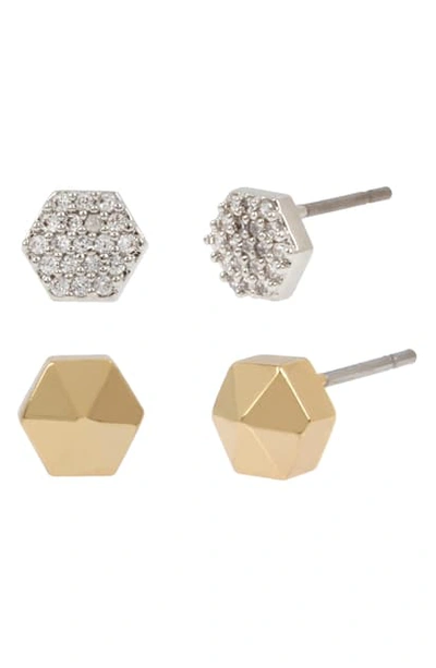 Shop Allsaints Set Of 2 Hex Stud Earrings In Gold/ Rhodium