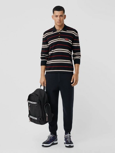 Shop Burberry Long-sleeve Icon Stripe Merino Wool Polo Shirt In Black