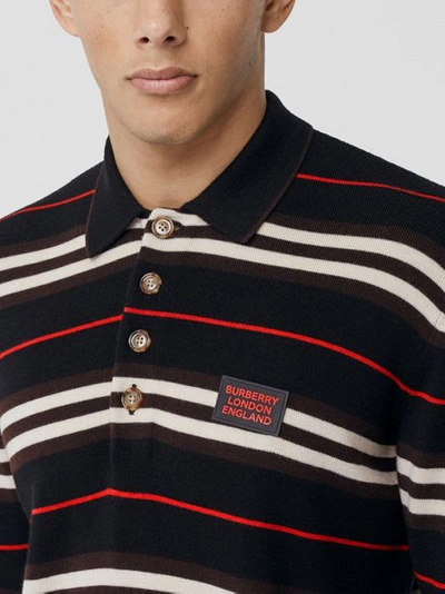 Shop Burberry Long-sleeve Icon Stripe Merino Wool Polo Shirt In Black