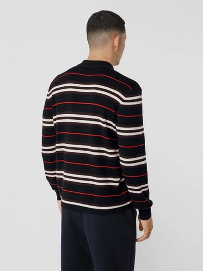 Shop Burberry Long-sleeve Icon Stripe Merino Wool Polo Shirt In Black