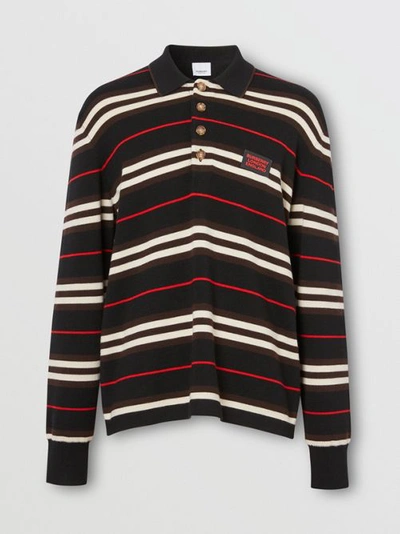 Shop Burberry Long-sleeve Icon Stripe Merino Wool Polo Shirt In Black