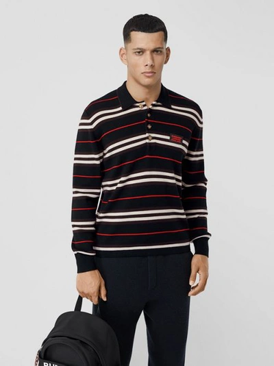 Shop Burberry Long-sleeve Icon Stripe Merino Wool Polo Shirt In Black