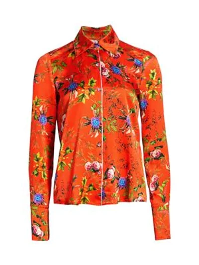 Shop Adriana Iglesias June Floral Silk Pajama Blouse In Flowered Orange