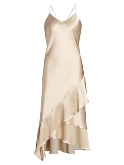 Shop Adriana Iglesias Carmen Asymmetric Ruffle Silk Slip Dress In Champagne