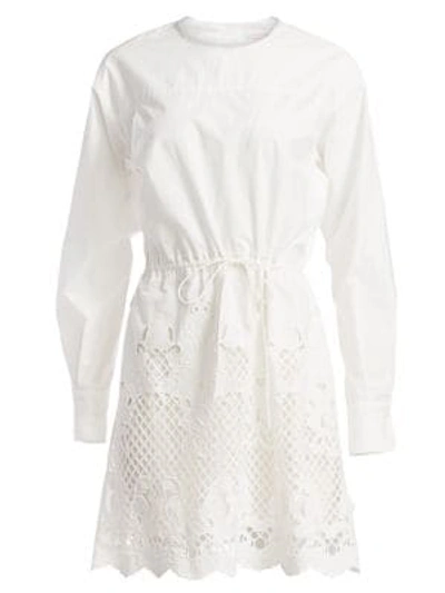 Shop See By Chloé Lace Eyelet Puff-sleeve Drawstring A-line Poplin Dress In White