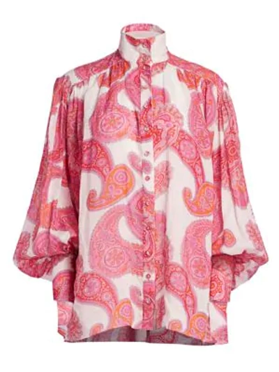 Shop Zimmermann Peggy Billowy Blouse In Magenta Ivory