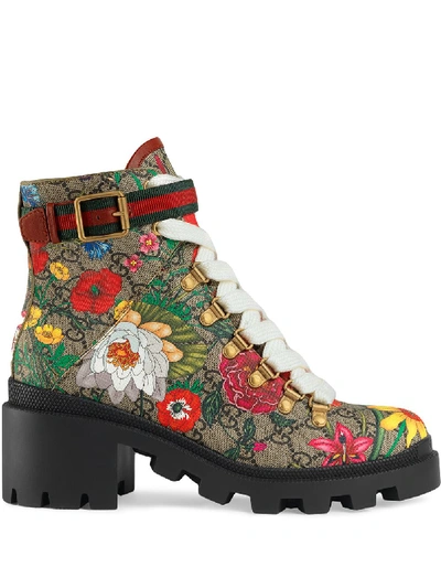Shop Gucci Flora Print 57mm Ankle Boots In Brown