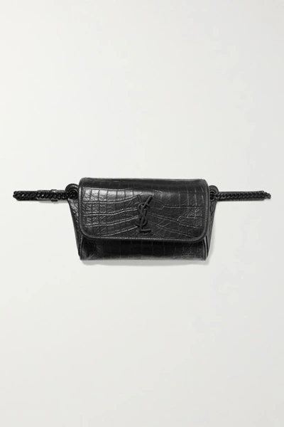 Shop Saint Laurent Niki Medium Glossed Croc-effect Leather Belt Bag In Black