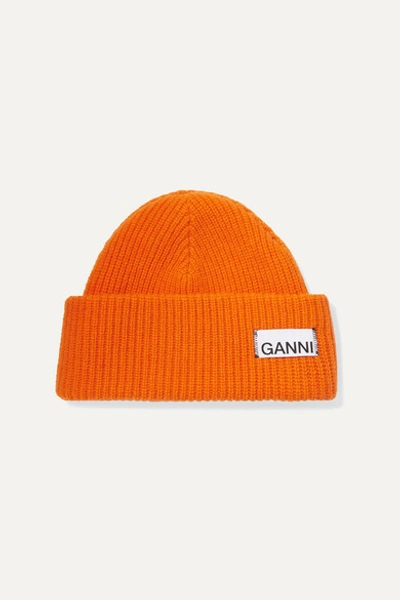 Shop Ganni Ribbed Wool-blend Beanie In Orange