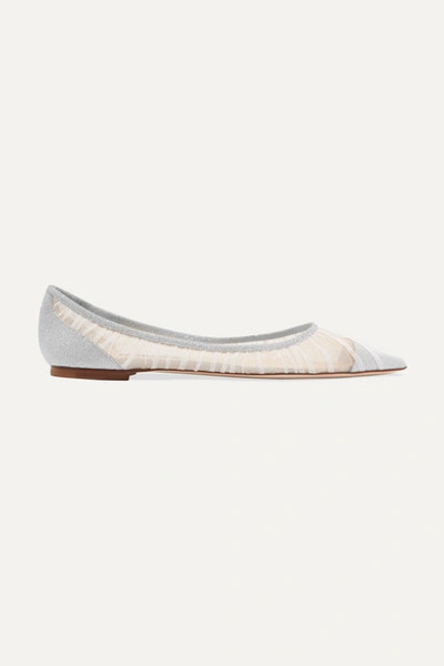 Jimmy Choo Love Glittered Tulle And Canvas Point-toe Flats In Ivory