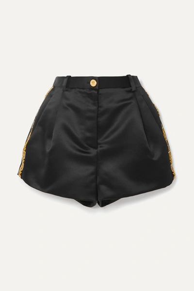 Shop Versace Crystal-embellished Embroidered Duchesse-satin Shorts In Black