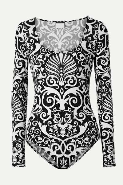 Shop Versace Printed Stretch-jersey Bodysuit In Black