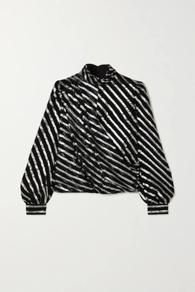 Shop Michael Michael Kors Wrap-effect Metallic Striped Silk-blend Blouse In Black