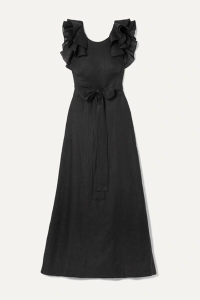 Shop Kalita Eros Belted Ruffled Linen Maxi Dress In Black