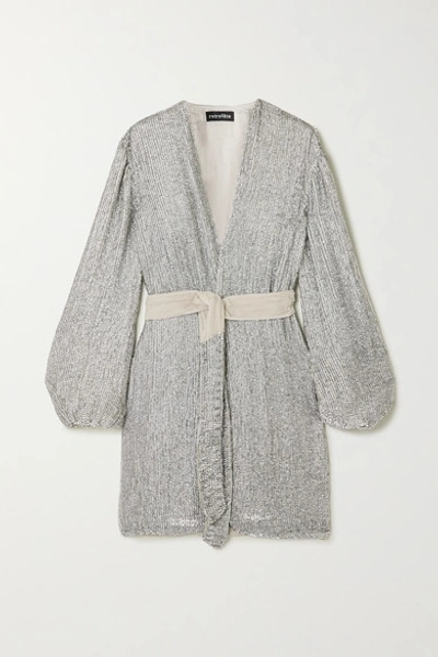 Retroféte Gabrielle Velvet-trimmed Sequined Chiffon Mini Wrap Dress In Silver