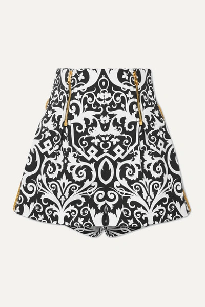 Shop Versace Embroidered Printed Cotton-blend Twill Shorts In Black