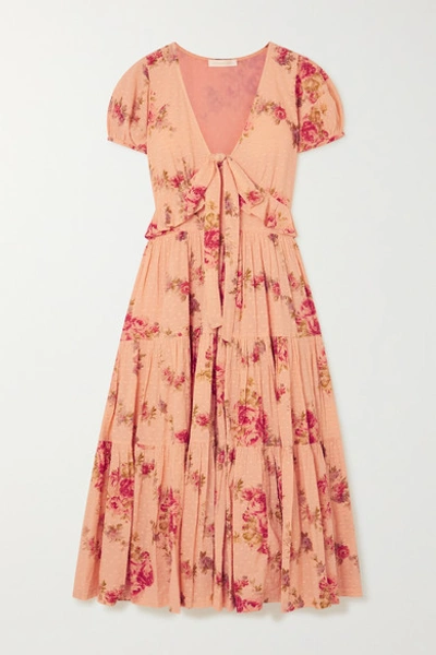 Shop Loveshackfancy Carlton Tiered Floral-print Swiss-dot Cotton Midi Dress In Blush