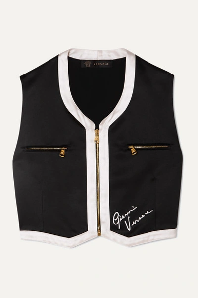 Shop Versace Cropped Embroidered Satin Vest In Black