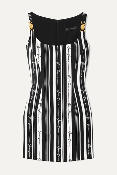 Shop Versace Embellished Striped Crepe Mini Dress In Black