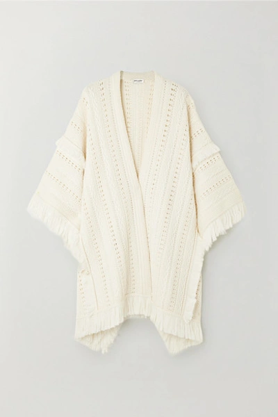 Shop Saint Laurent Fringed Wool Poncho In Ivory