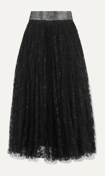 Shop Christopher Kane Crystal-embellished Pleated Lace Midi Skirt In Black