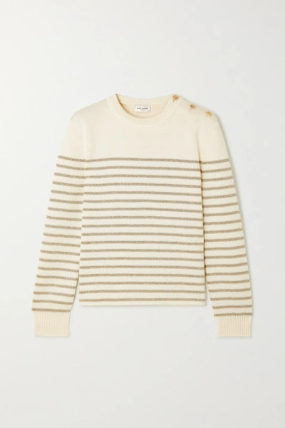Shop Saint Laurent Button-detailed Metallic Striped Knitted Sweater In Ivory