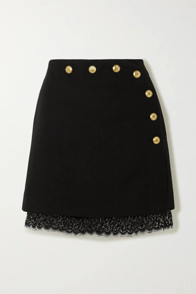 Shop Givenchy Lace-trimmed Button-embellished Wool Mini Skirt In Black