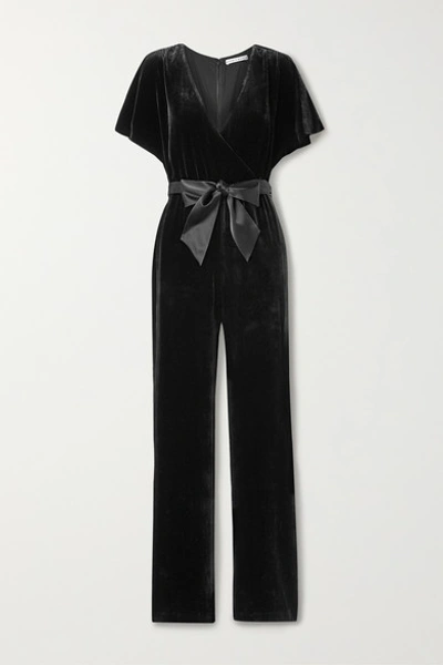 Shop Alice And Olivia Breanna Belted Wrap-effect Velvet Jumpsuit In Black