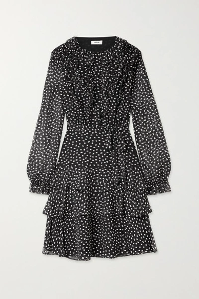 Shop Jason Wu Belted Ruffled Polka-dot Silk-crepon Dress In Black